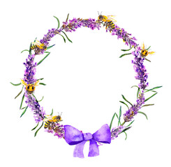 Lavender flowers wreath with bees and bow. Watercolor floral round border