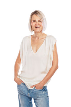 Laughing blonde in jeans and a white tank top. Emotion and joy. Isolated on a white background. Vertical.