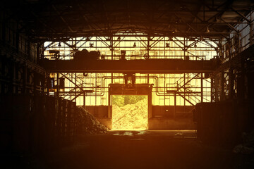 inside old steel factory, production industry hall