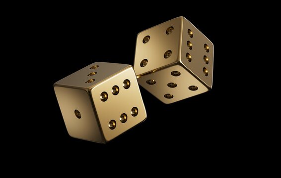 Dices made of gold are flying in the air on a black background. Luxury item. Realistic 3D rendering. CGI Illustration