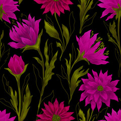 Beautiful seamless pattern with violet dahlia on a black background.Botanical illustration. Fabrik , textile design.
