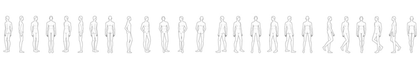 Fototapeta na wymiar Fashion template of 25 men in different poses. 9 head size for technical drawing. Gentlemen figure front, side, 3-4 and back view. Vector outline boy for fashion sketching and illustration.