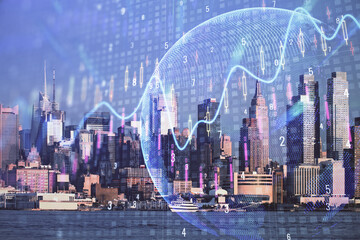 Forex graph on city view with skyscrapers background double exposure. Financial analysis concept.