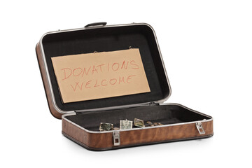 Suitcase for donations and tips with money and coins inside