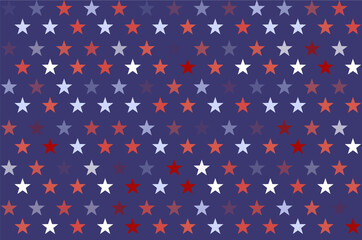 Fototapeta na wymiar 4th of July Stars and Stripes Seamless Pattern, colored as USA Flag. Red, Blue, White Stars and Lines Background for Celebration Holiday American President Day, memorial day, Vector Illustration