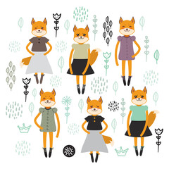 funny Kawaii fox girl in dress with pink cheeks, cartoon pet Gray black orange beige tan on white flowers leaves background. Can be used for greeting card design, your text, fashion baby print. Vector