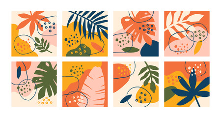 Fototapeta na wymiar Set of eight abstract backgrounds. Hand drawn various shapes and leaves. 