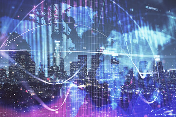 Double exposure of business theme hologram drawing and city veiw background. Concept of success.