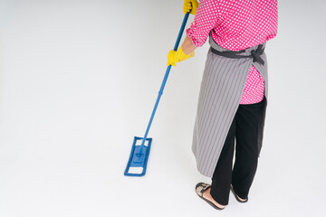 Maid woman cleaning floor with mop stick.