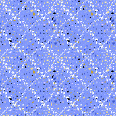 Terrazzo Seamless pattern abstract texture, traditional geometric flooring material, chips of marble granite. pastel colors on blue background Can be used for Gift wrap, fabrics, wallpapers. Vector