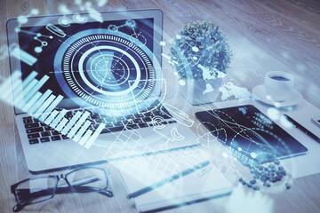 Double exposure of business theme icons and work space with computer background. Concept of success.