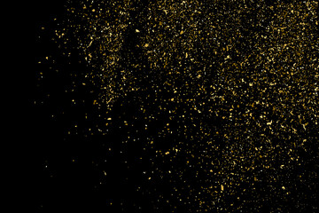 Gold glitter texture isolated on black. Amber particles color. Celebratory background. Golden explosion of confetti. Design element. Digitally generated image. Vector illustration, EPS 10.