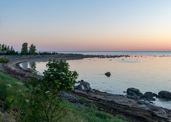 Obraz premium summer day with traditional Saaremaa coast, short green grass, dune sand, juniper, rocks and pebbles, Undva Cape, Tagamoisa Peninsula, Saaremaa Island, Estonia