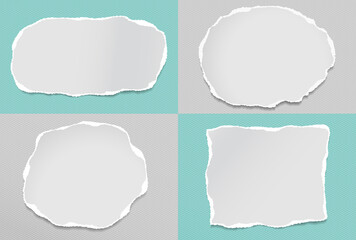 Set of torn white note, notebook paper strips and pieces stuck on grey, turquoise backgrounds. Vector illustration