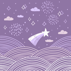 magic tale card banner design abstract scales comet, night sky, clouds stars, simple Nature doodle lines scandinavian style trend of the season, circle pattern pink white on purple background. Vector