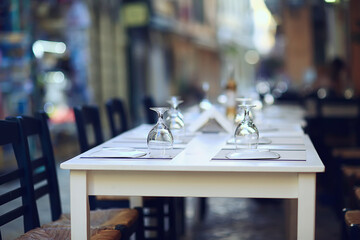 abstract blurred background street cafe in the city, no people, empty, summer restaurant quarantine