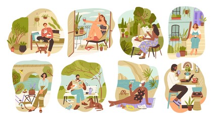 Set of people enjoying slow life vector flat illustration. Collection of man and woman relaxing, surfing internet, sunbathing, walking, drinking wine. Diverse person resting at home, park or beach - obrazy, fototapety, plakaty