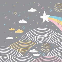 Naklejka na ściany i meble magic tale card banner design abstract scales comet, night sky, clouds stars, simple Nature doodle lines scandinavian style background trend of the season, circle pattern Blue pink white gray. Vector