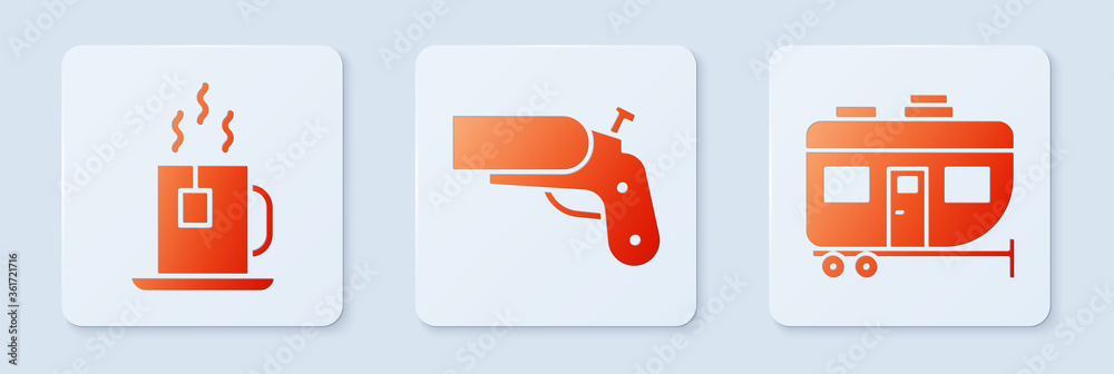 Sticker Set Flare gun pistol, Cup of tea with tea bag and Rv Camping trailer. White square button. Vector