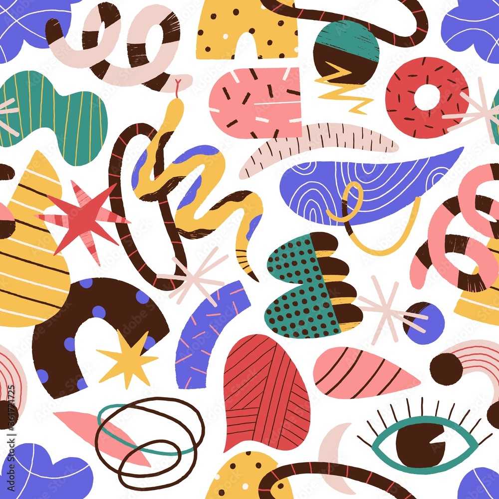 Poster colorful abstract trendy doodle shapes and objects seamless pattern. hand drawn symbols vector flat 