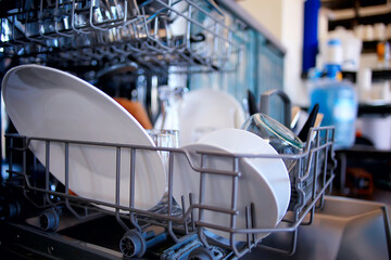 open dishwasher in the kitchen, dishes inside, clean plates in the kitchen lifestyle view
