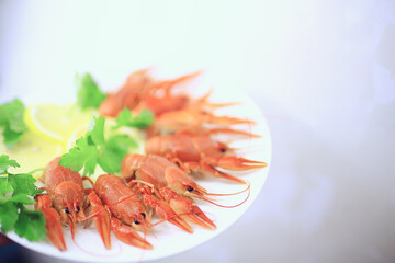 boiled crayfish in a plate, red river arthropods, delicacy food diet seafood