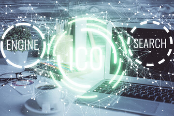 Double exposure of blockchain and crypto economy theme hologram and table with computer background. Concept of bitcoin cryptocurrency.