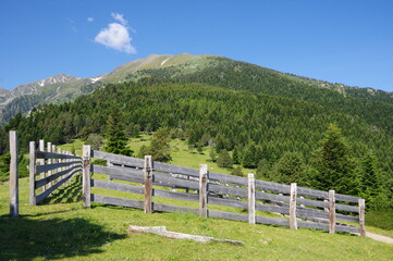 Cl&ocirc;tures cortal en bois en montagne pour garder les vaches dans les p&acirc;turages dans les Pyr&eacute;n&eacute;es &agrave; Prat Cabrere face au canigou