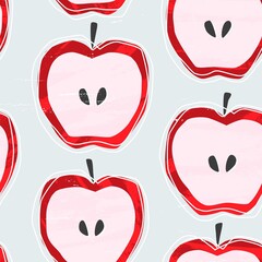 Fototapeta premium Half of a red apple fruit and seeds seamless pattern. Summer harvest repeated design with a brush strokes texture, light grey background, thin outlines, simple vegetarian food.