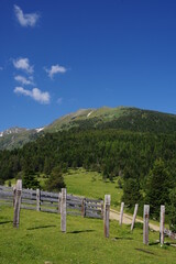 Clôtures cortal en bois en montagne pour garder les vaches dans les pâturages dans les Pyrénées à Prat Cabrere face au canigou