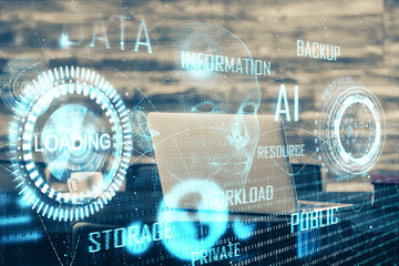 Double exposure of desktop with computer on background and tech theme drawing. Concept of big data.