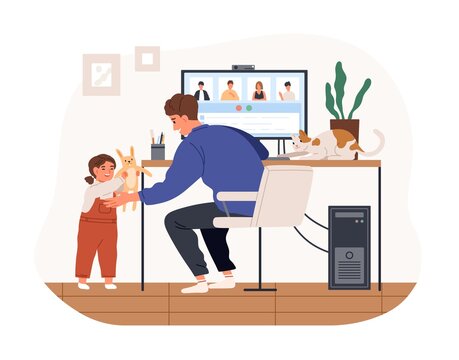 Cute female kid and cat distracting father from work vector flat illustration. Modern man working remotely from home use computer isolated on white background. Remote work disadvantages