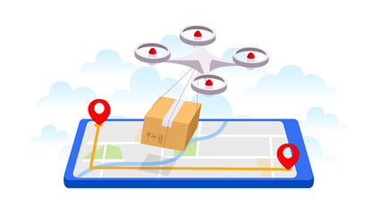 Concept for drone delivery service. Delivery app website template. Shipping with quadcopter.
