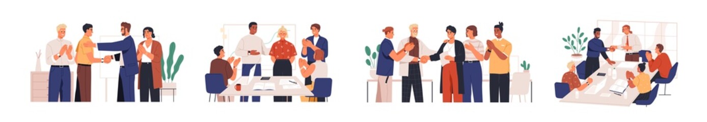 Obraz premium Set of diverse team congratulates colleague vector flat illustration. Collection of people celebrate career development, successful project or birthday isolated. Man and woman employee shaking hands