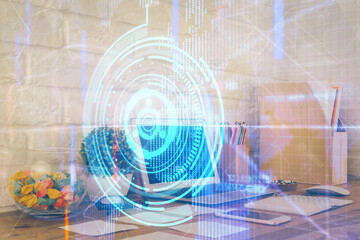 Multi exposure of desktop with personal computer and tech theme drawing. Concept of Bigdata.