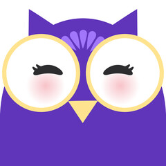Kawaii funny purple violet owl, closed eyes face on white background. Card banner design Nursery decor trend of the season, scandinavian style. Vector