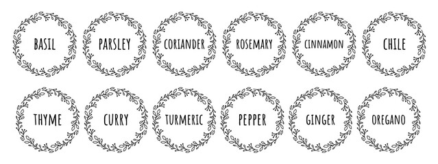 Black white vector food 12 labels or stickers. It can be used for marking food cans, containers with spices. Pepper, basil, garlic and so on. Round botanical frame for each sticker.