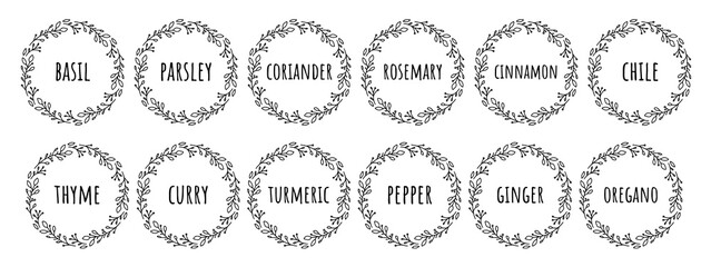 Black white vector food 12 labels or stickers. It can be used for marking food cans, containers with spices. Pepper, basil, garlic and so on. Round botanical frame for each sticker.