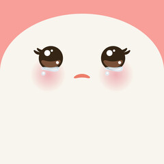 Kawaii funny beige muzzle with pink cheeks and big eyes Cute cartoon pet simple Crying Face. portrait on pink background for your text. Vector