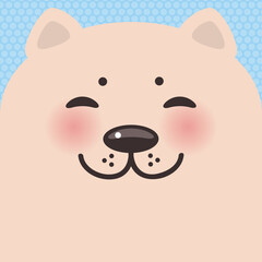 Cute Cartoon Kawaii funny beige dog muzzle with pink cheeks and closed eyes on a blue background. Card banner design Nursery decor trend of the season, scandinavian style. Vector