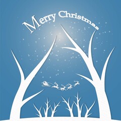  Merry Christmas and Happy New Year.Santa Claus going in forest on blue sky background with white silhouette.