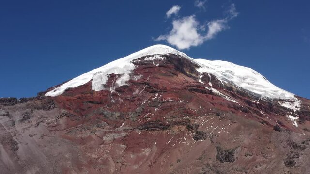 Aerial View Of The Chimborazo Vulcano In Ecuador, South America Showing The Many Different Colored Layers And Gletsers
