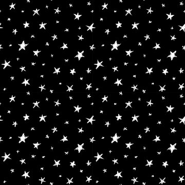 Seamless pattern design abstract sky stars, simple doodle lines scandinavian style background grunge texture. Nursery decor trend of the season, black white. Gift wrap fabrics, wallpapers. Vector