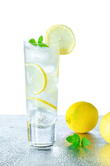 Water with lemon and ice cubes