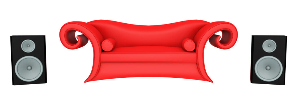Rotes Sofa und Lautsprecher Boxen, Freisteller