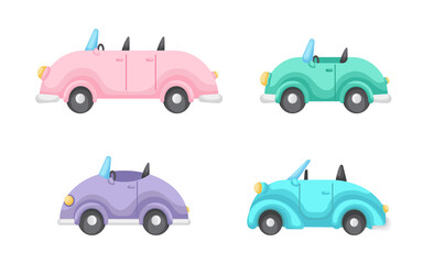 Sammlung der Autos des netten Karikaturbabys lokalisiert auf weißem Hintergrund. Set von verschiedenen Automodellen für die Gestaltung von Kinderzimmerkleidungstextilien Albumkarteneinladung. Flache Vektorillustration.