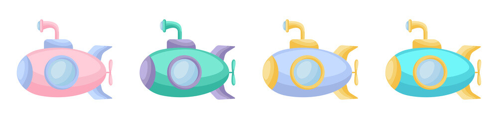Collection of cute cartoon baby's submarines isolated on white background. Set of submarines of different colors for design of kid's rooms clothing album card invitation. Flat vector illustration.