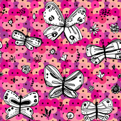 Fototapeta na wymiar Seamless pattern butterflies leaves flowers sequins. sketch drawing doodle scandinavian style background grunge. Nursery decor Gift wrap fabrics wallpapers black white pink purple violet. Vector