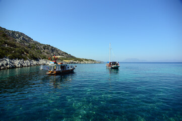Fototapeta premium Boats and Yacht in the Aegean Sea, Datca, Mugla, Turkey 