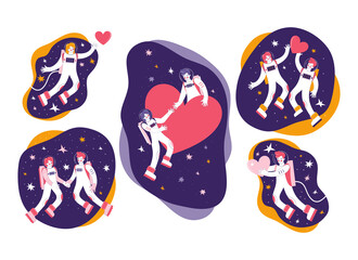 Hand drawn set cartoon characters astronauts in outer space. Cosmonauts man and woman. Loving couple is flying in space among the stars and hearts. Cosmic love in the Universe. Happy Valentine's Day.
